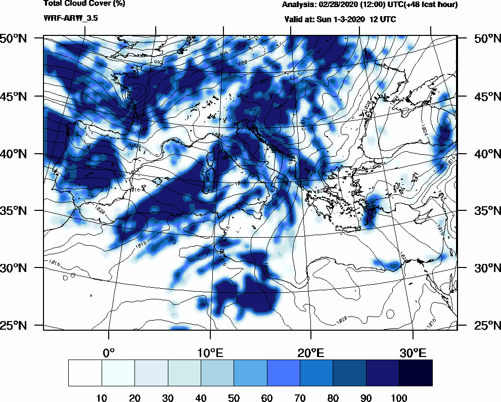 Total cloud cover (%) - 2020-03-01 06:00