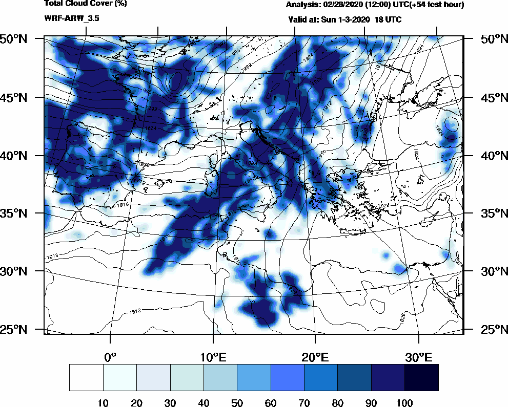 Total cloud cover (%) - 2020-03-01 12:00