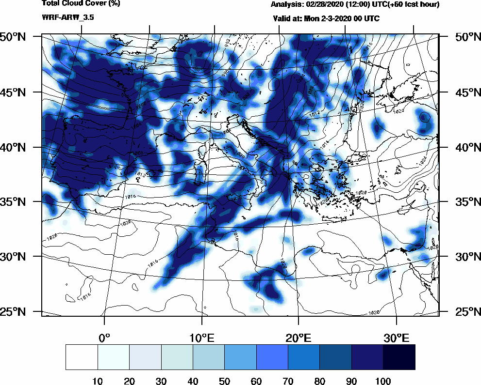 Total cloud cover (%) - 2020-03-01 18:00