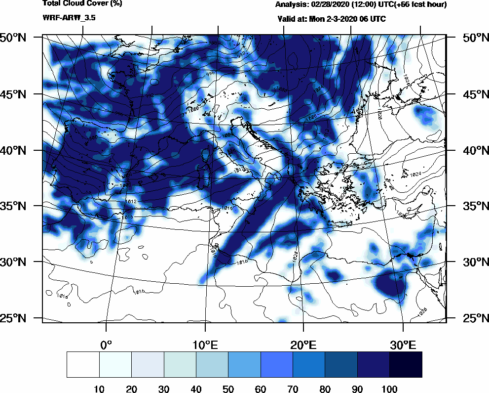 Total cloud cover (%) - 2020-03-02 00:00