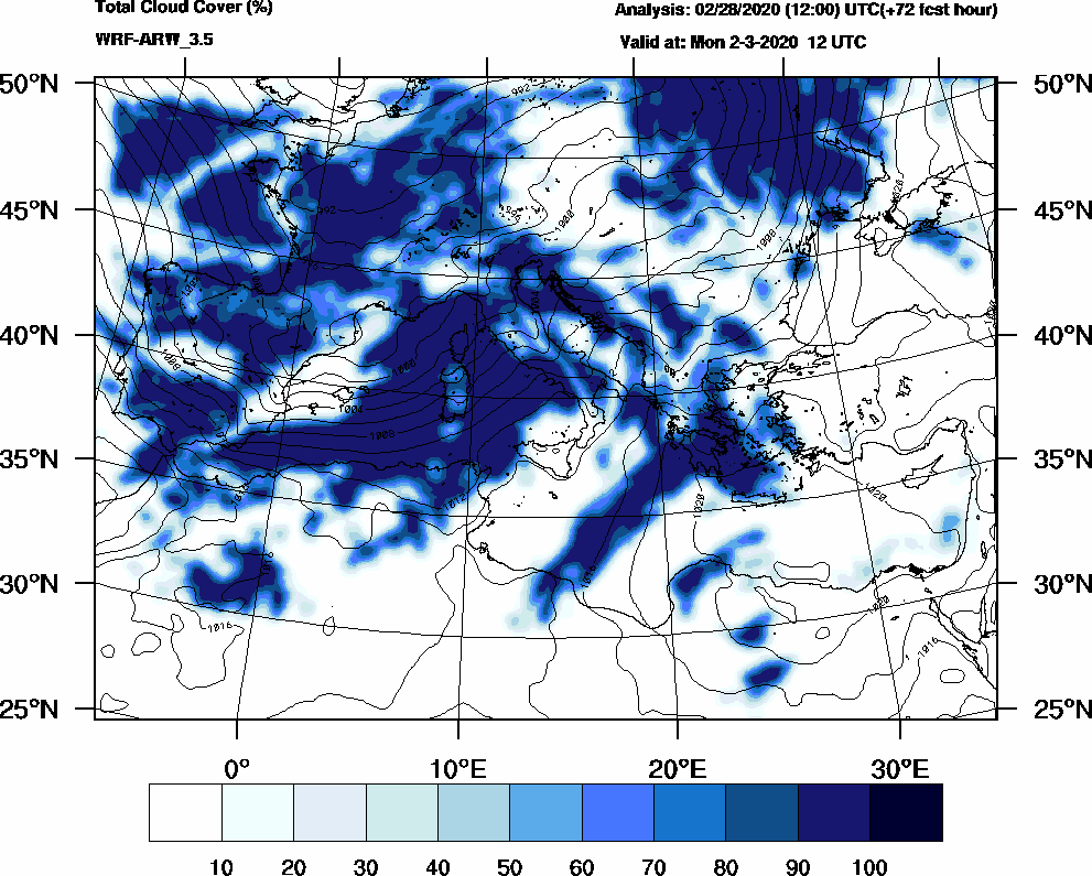 Total cloud cover (%) - 2020-03-02 06:00