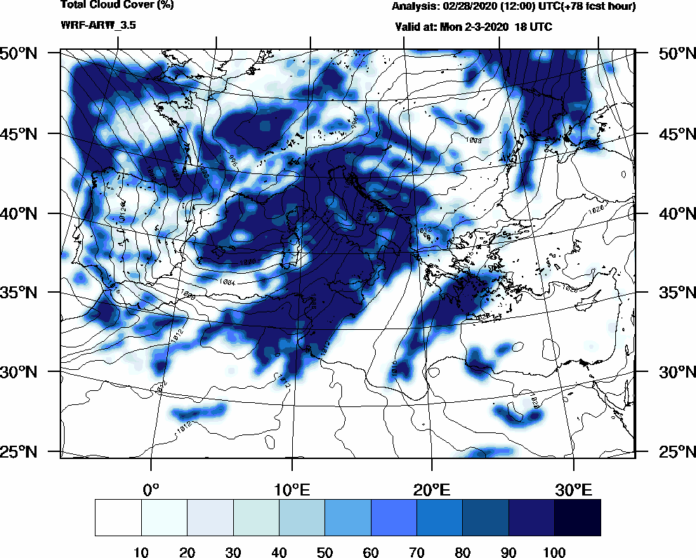 Total cloud cover (%) - 2020-03-02 12:00