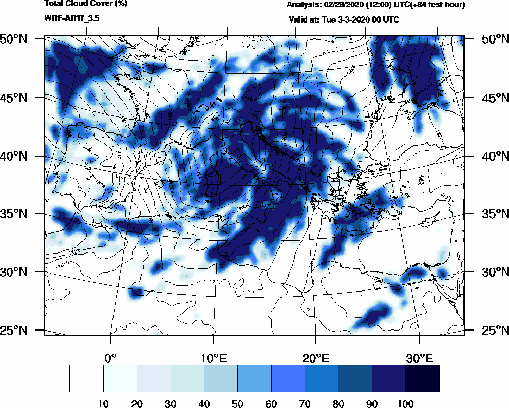 Total cloud cover (%) - 2020-03-02 18:00