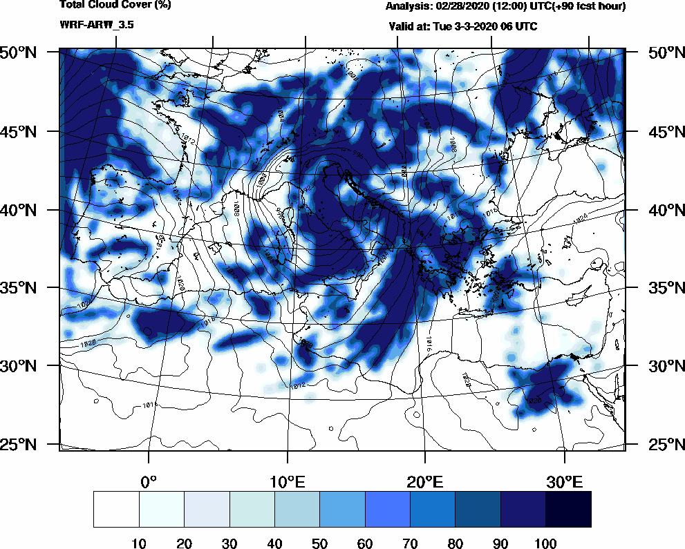 Total cloud cover (%) - 2020-03-03 00:00