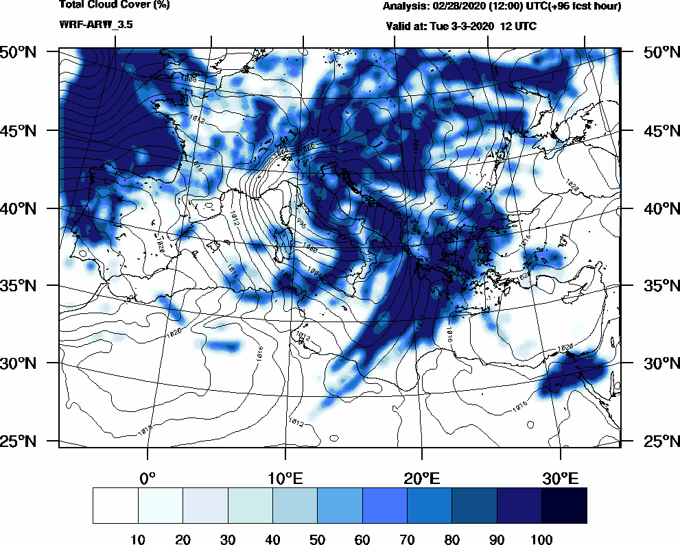 Total cloud cover (%) - 2020-03-03 06:00