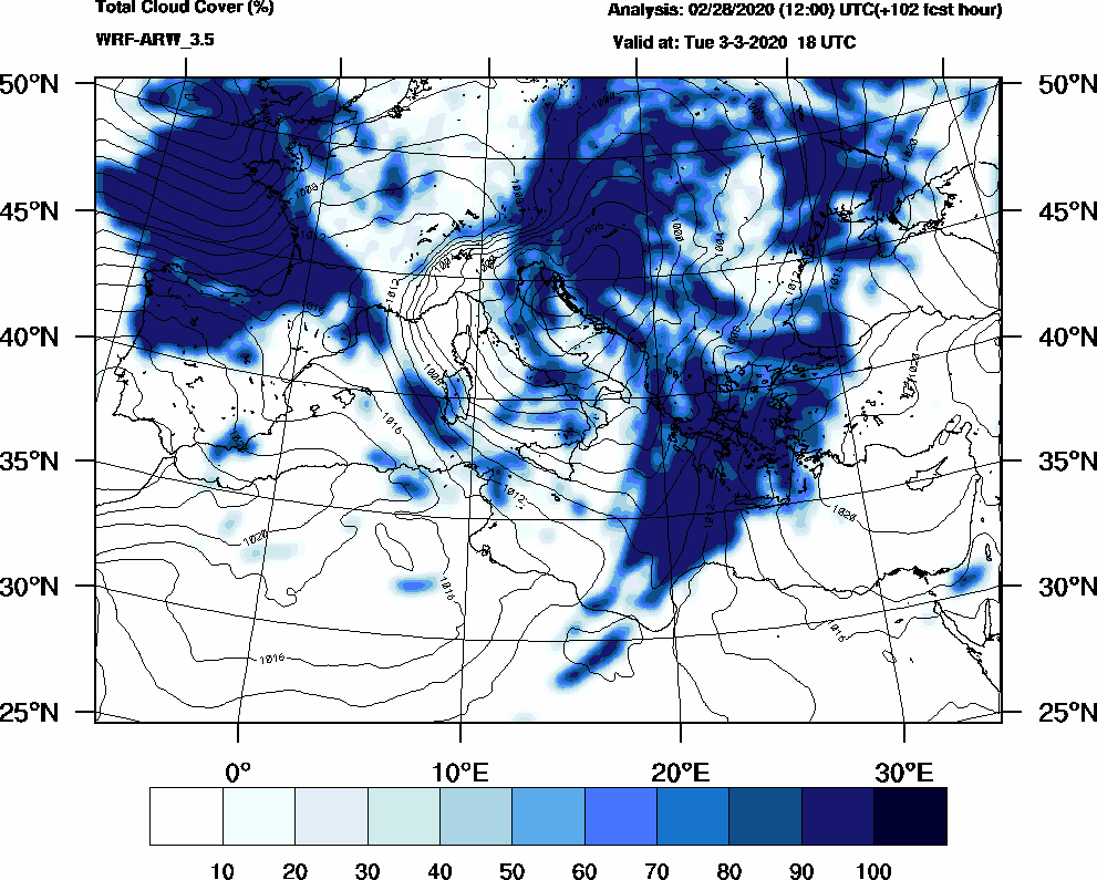 Total cloud cover (%) - 2020-03-03 12:00