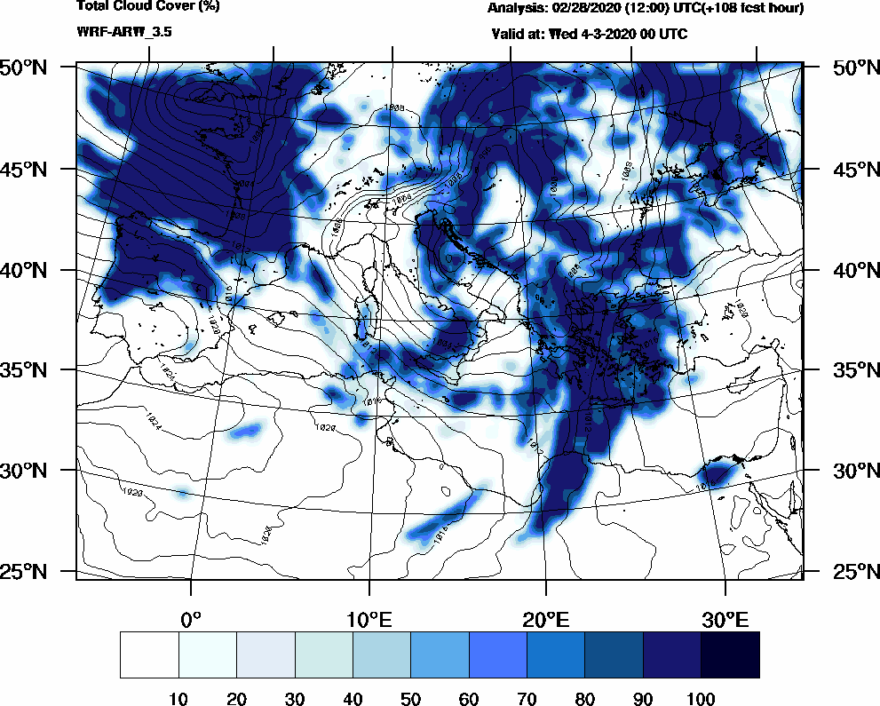 Total cloud cover (%) - 2020-03-03 18:00