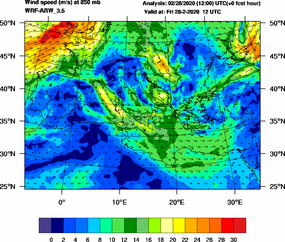Wind speed (m/s) at 850 mb - 2020-02-28 12:00