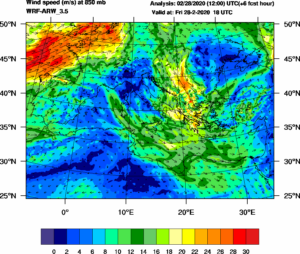Wind speed (m/s) at 850 mb - 2020-02-28 18:00