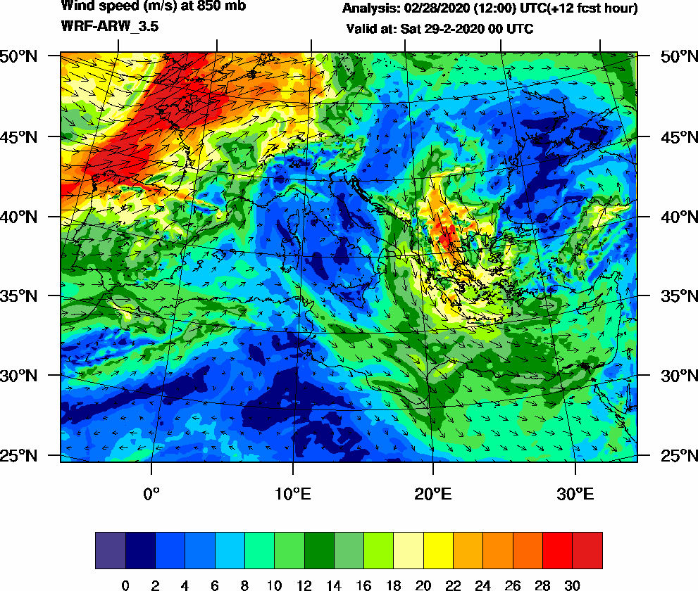 Wind speed (m/s) at 850 mb - 2020-02-29 00:00