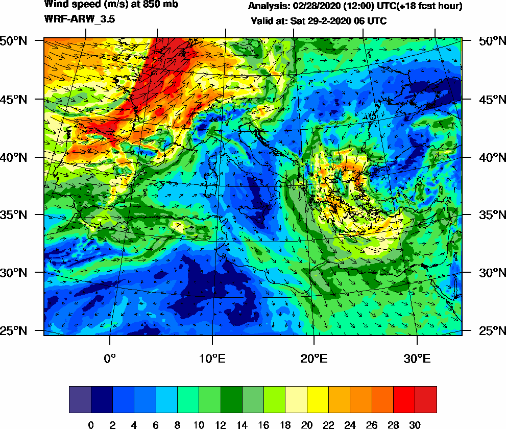 Wind speed (m/s) at 850 mb - 2020-02-29 06:00