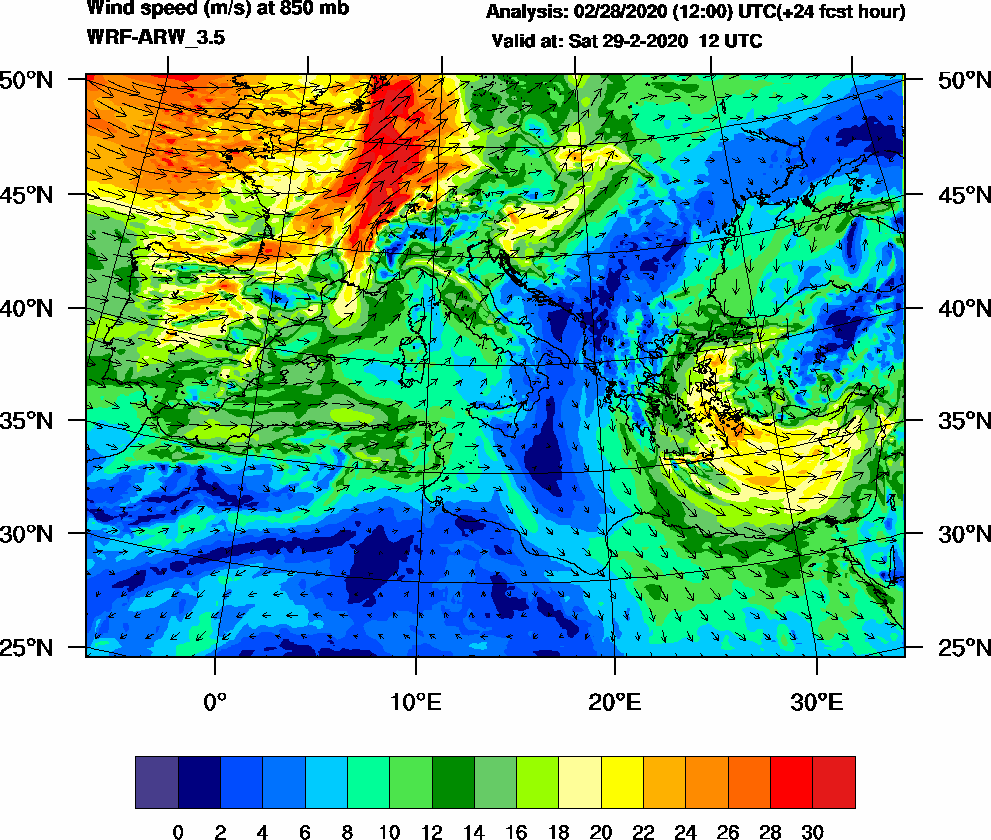 Wind speed (m/s) at 850 mb - 2020-02-29 12:00