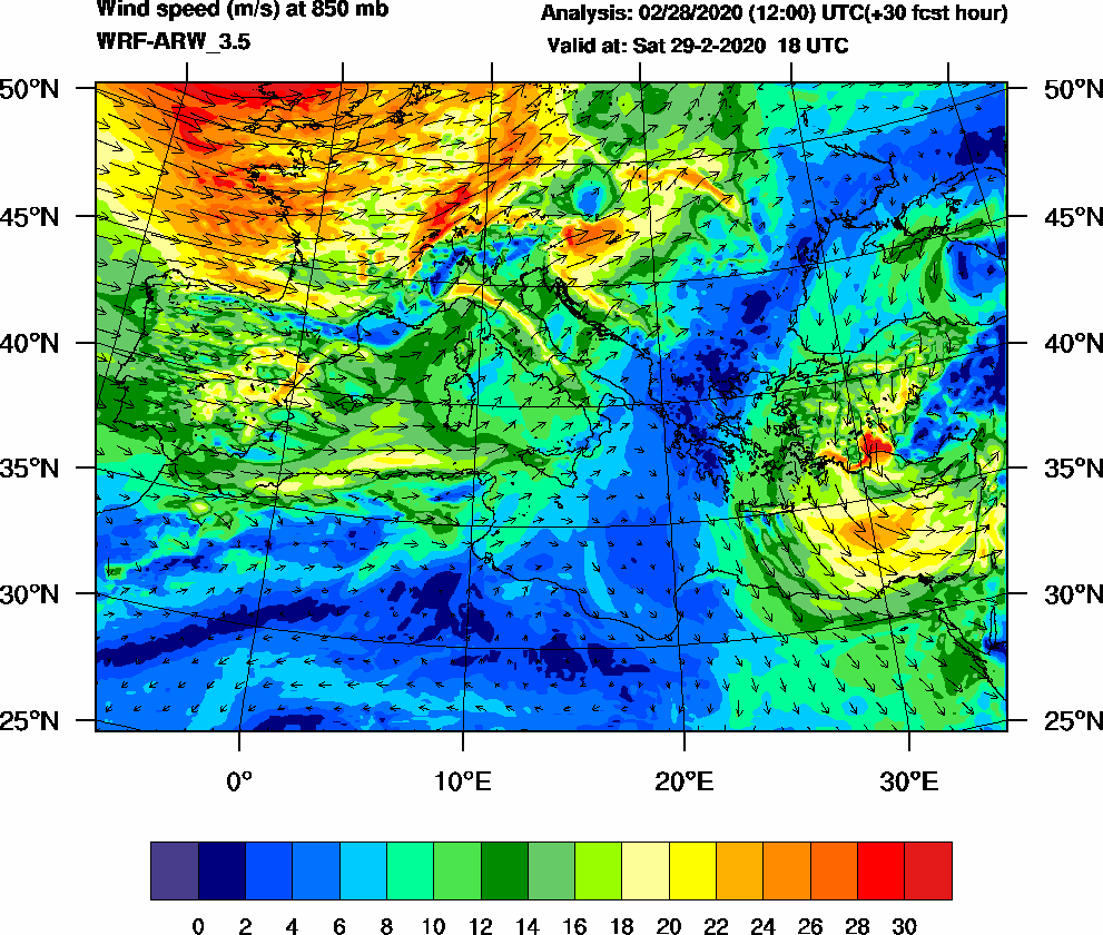 Wind speed (m/s) at 850 mb - 2020-02-29 18:00