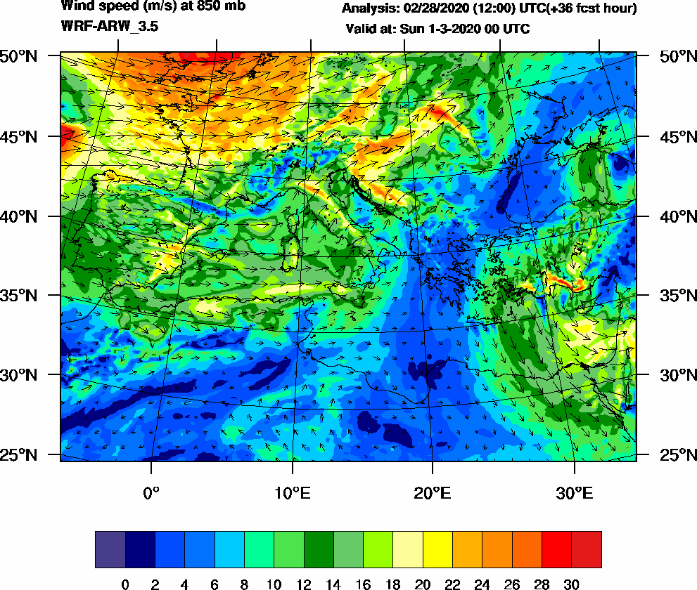 Wind speed (m/s) at 850 mb - 2020-03-01 00:00