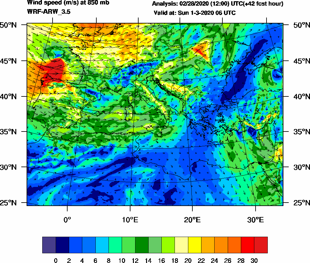 Wind speed (m/s) at 850 mb - 2020-03-01 06:00