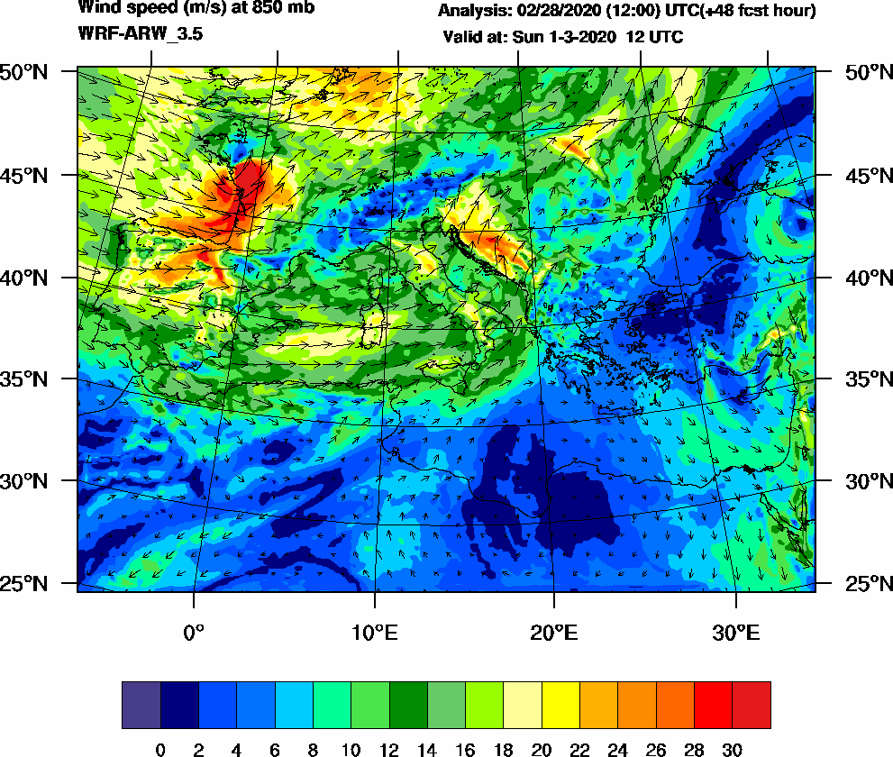 Wind speed (m/s) at 850 mb - 2020-03-01 12:00