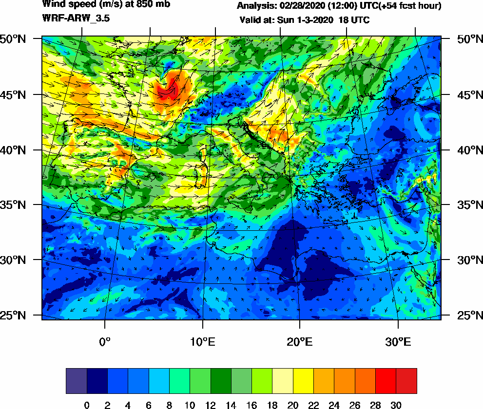 Wind speed (m/s) at 850 mb - 2020-03-01 18:00