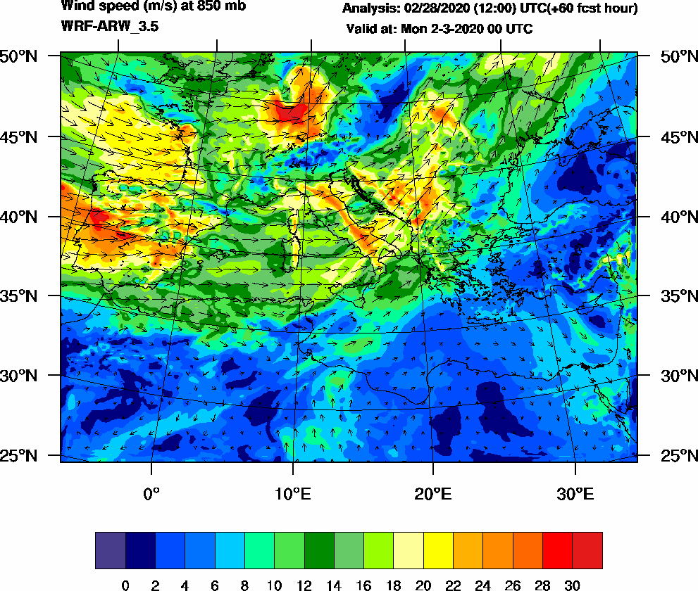 Wind speed (m/s) at 850 mb - 2020-03-02 00:00
