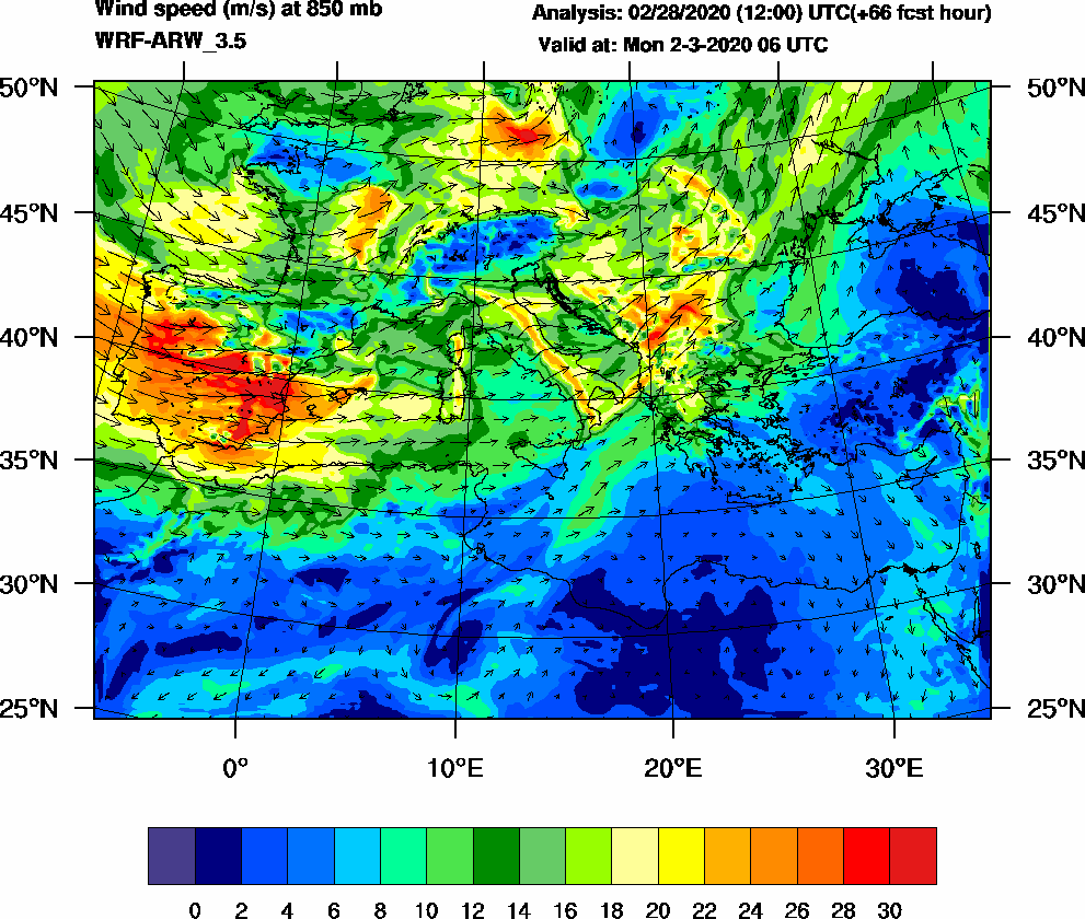 Wind speed (m/s) at 850 mb - 2020-03-02 06:00