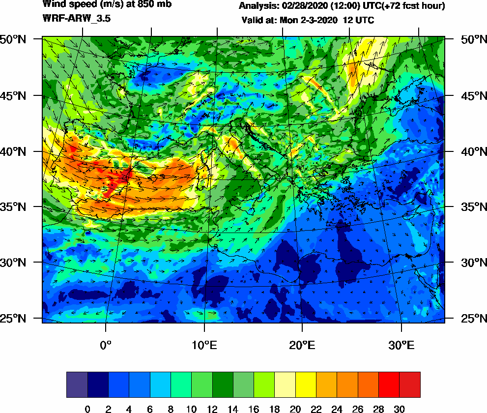 Wind speed (m/s) at 850 mb - 2020-03-02 12:00