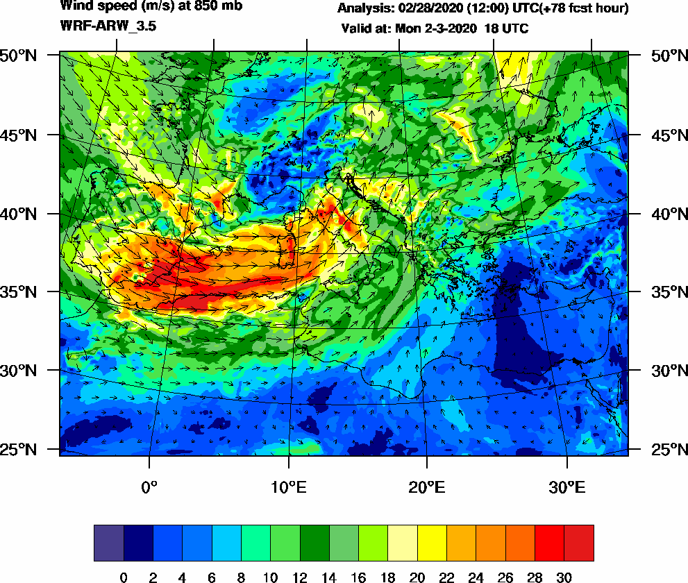 Wind speed (m/s) at 850 mb - 2020-03-02 18:00