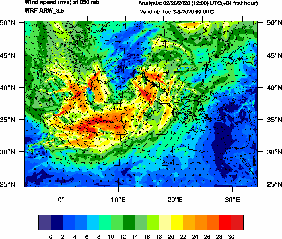 Wind speed (m/s) at 850 mb - 2020-03-03 00:00