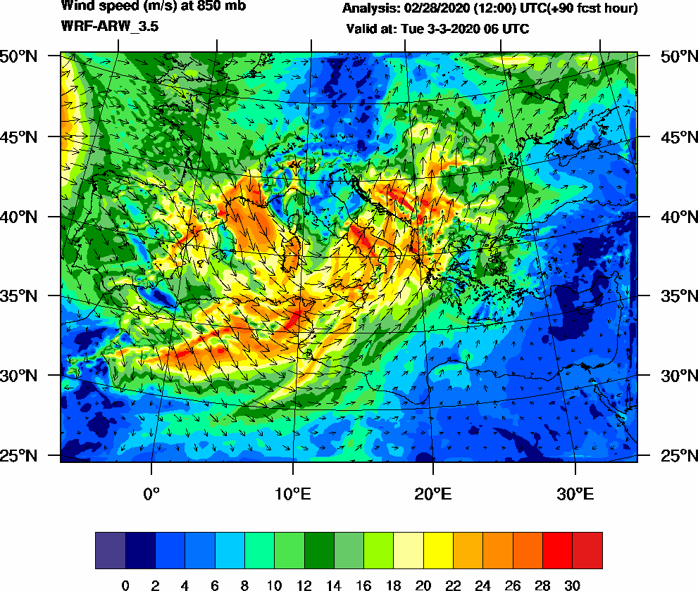 Wind speed (m/s) at 850 mb - 2020-03-03 06:00