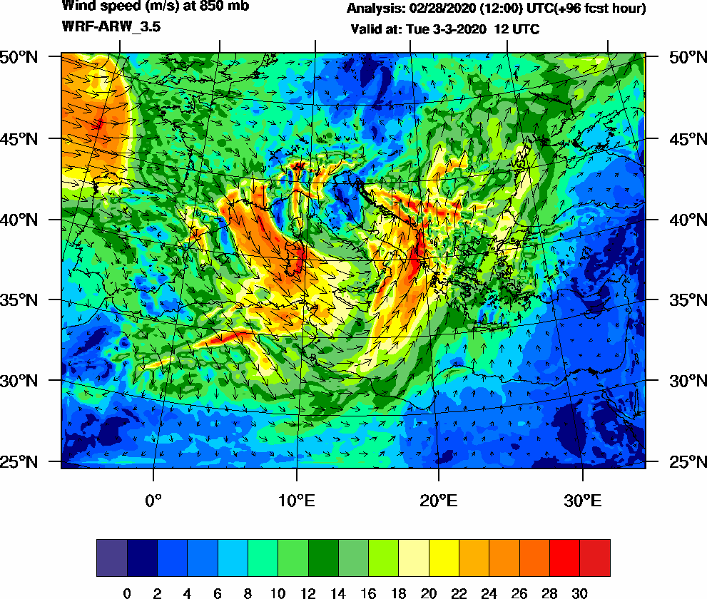 Wind speed (m/s) at 850 mb - 2020-03-03 12:00