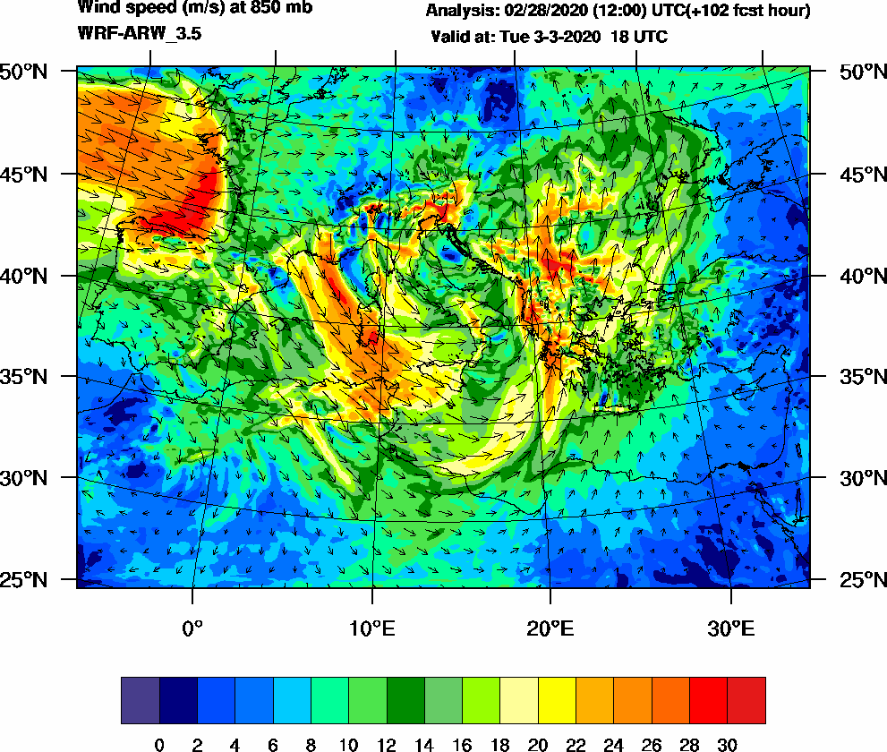 Wind speed (m/s) at 850 mb - 2020-03-03 18:00