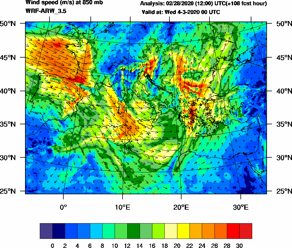 Wind speed (m/s) at 850 mb - 2020-03-04 00:00