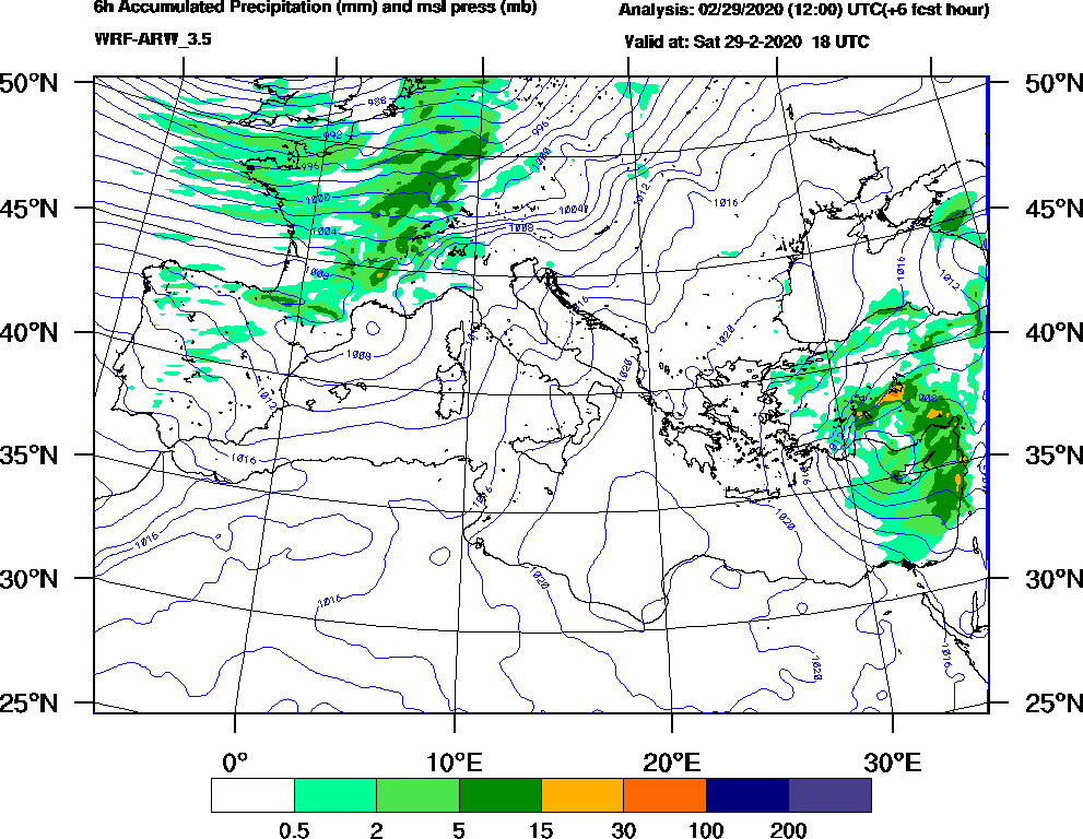 6h Accumulated Precipitation (mm) and msl press (mb) - 2020-02-29 12:00