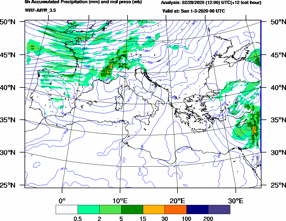 6h Accumulated Precipitation (mm) and msl press (mb) - 2020-02-29 18:00