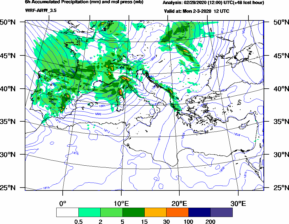 6h Accumulated Precipitation (mm) and msl press (mb) - 2020-03-02 06:00