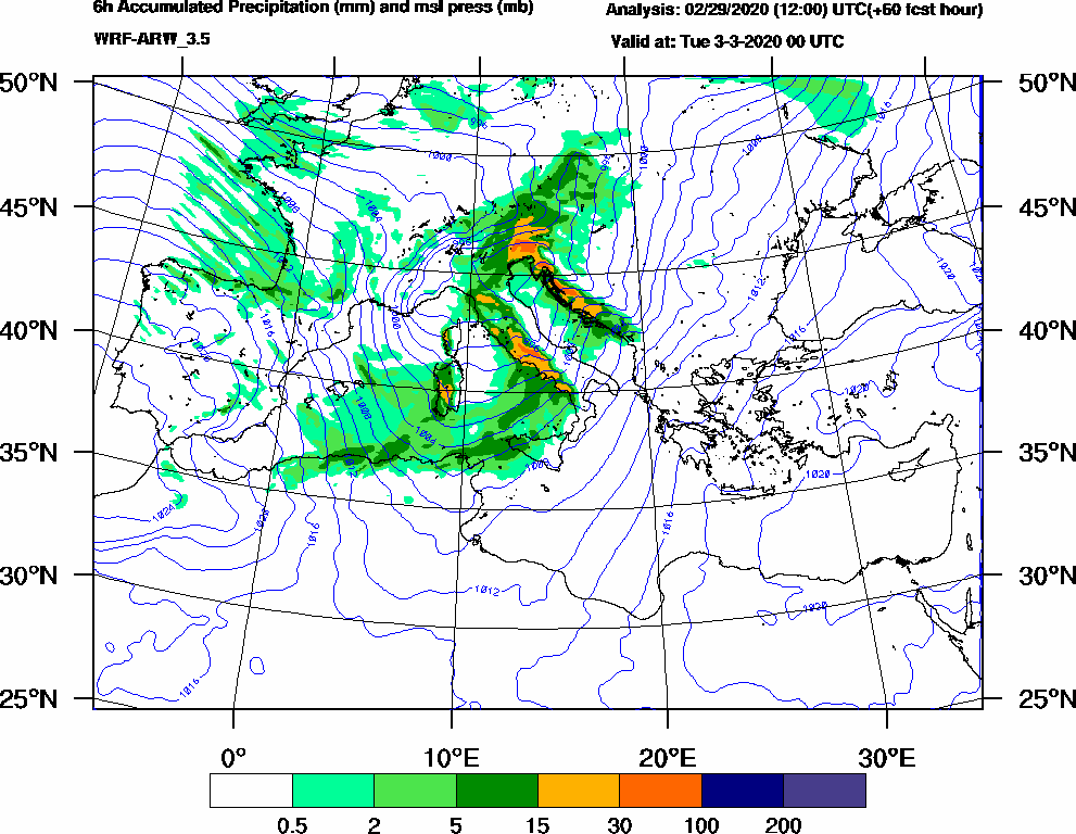 6h Accumulated Precipitation (mm) and msl press (mb) - 2020-03-02 18:00