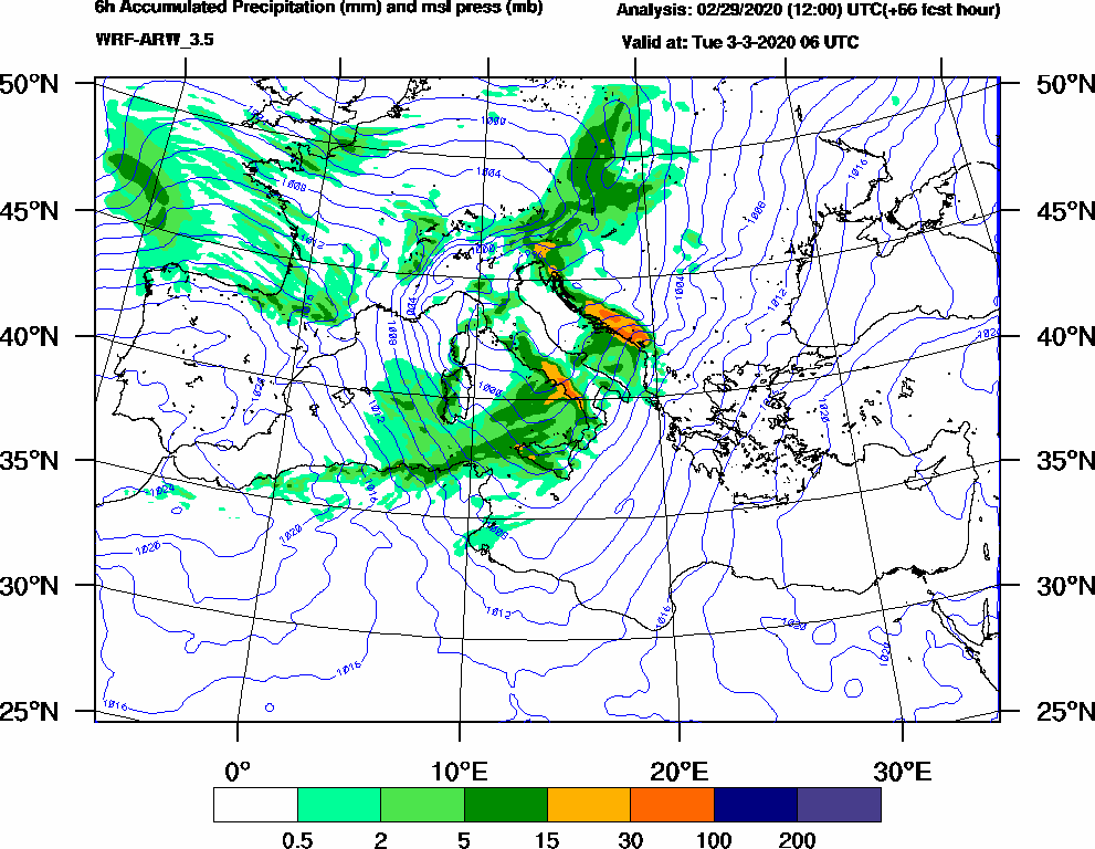 6h Accumulated Precipitation (mm) and msl press (mb) - 2020-03-03 00:00