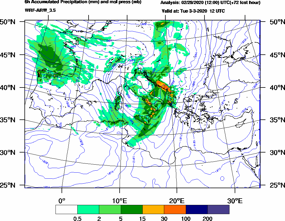 6h Accumulated Precipitation (mm) and msl press (mb) - 2020-03-03 06:00
