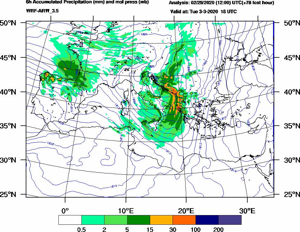 6h Accumulated Precipitation (mm) and msl press (mb) - 2020-03-03 12:00