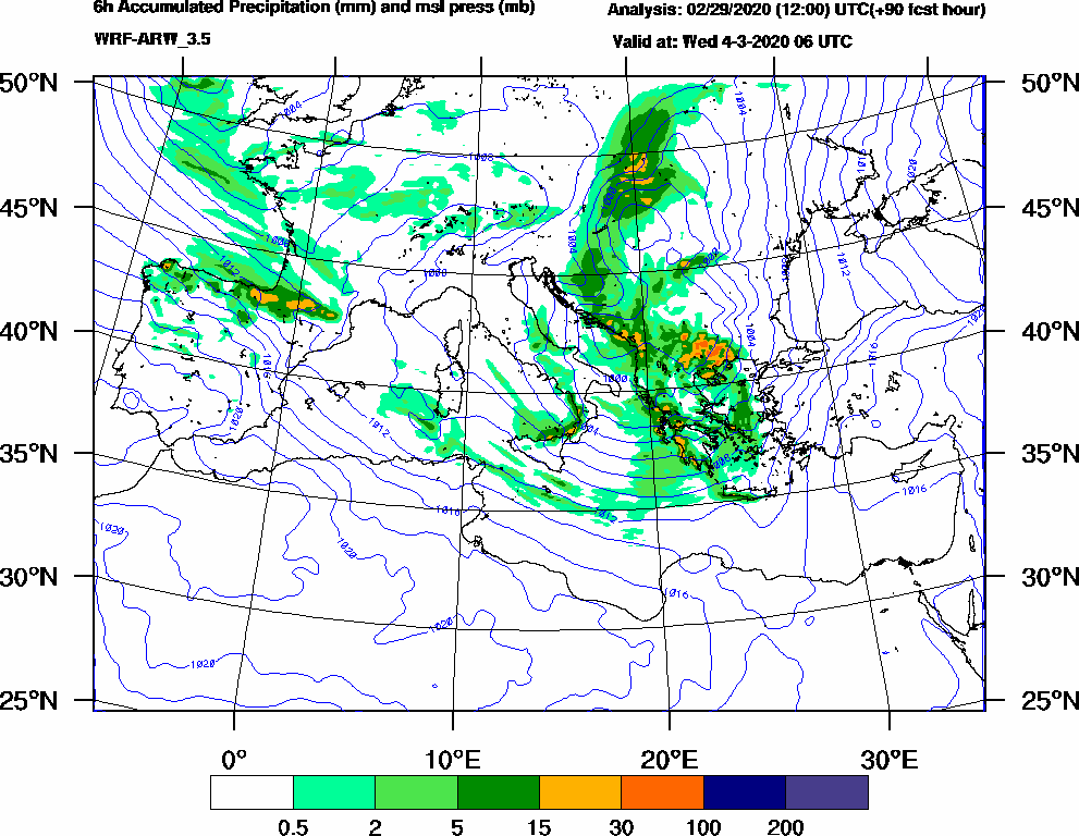6h Accumulated Precipitation (mm) and msl press (mb) - 2020-03-04 00:00