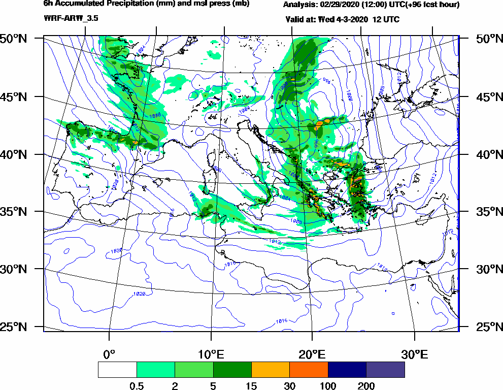 6h Accumulated Precipitation (mm) and msl press (mb) - 2020-03-04 06:00