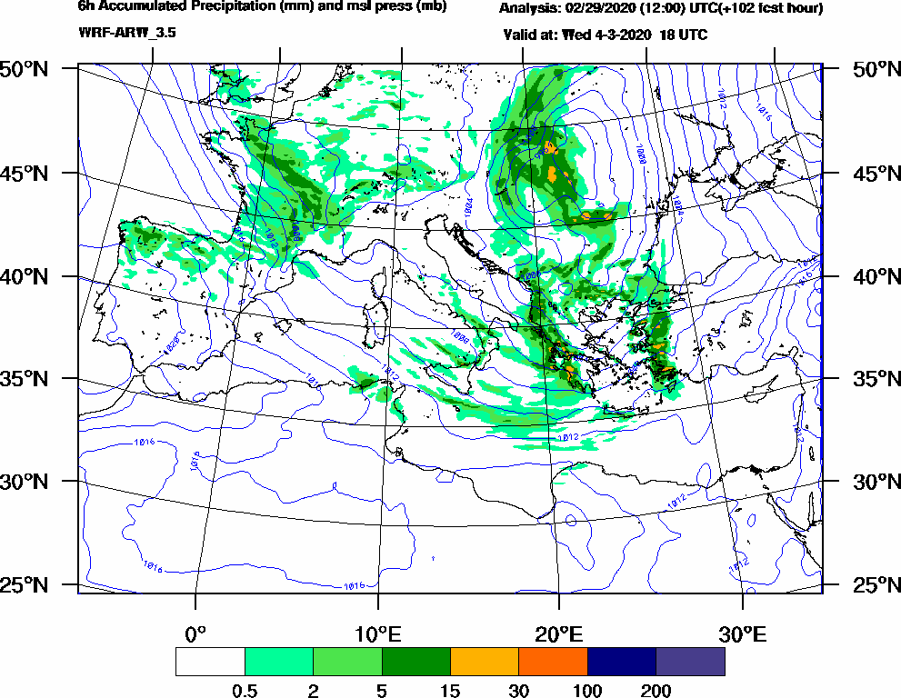 6h Accumulated Precipitation (mm) and msl press (mb) - 2020-03-04 12:00