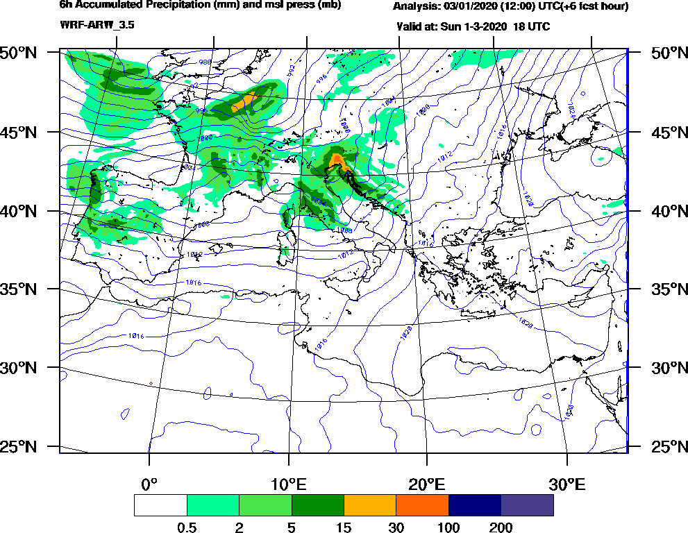 6h Accumulated Precipitation (mm) and msl press (mb) - 2020-03-01 12:00