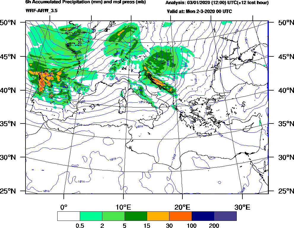 6h Accumulated Precipitation (mm) and msl press (mb) - 2020-03-01 18:00