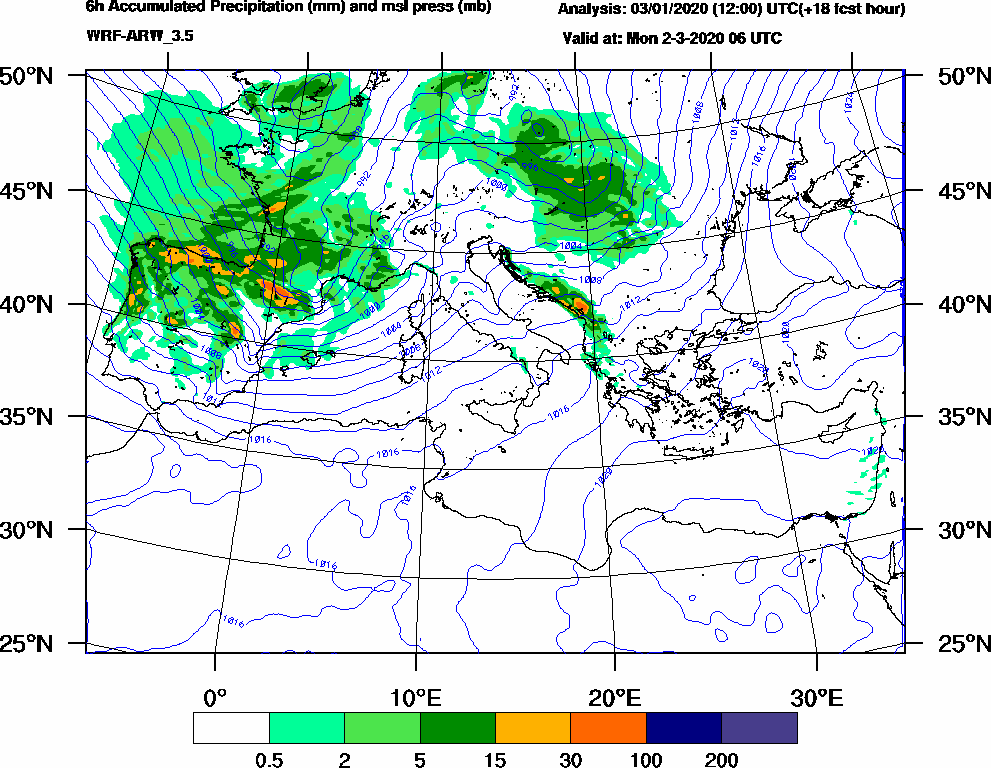 6h Accumulated Precipitation (mm) and msl press (mb) - 2020-03-02 00:00