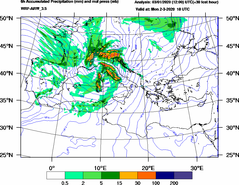 6h Accumulated Precipitation (mm) and msl press (mb) - 2020-03-02 12:00