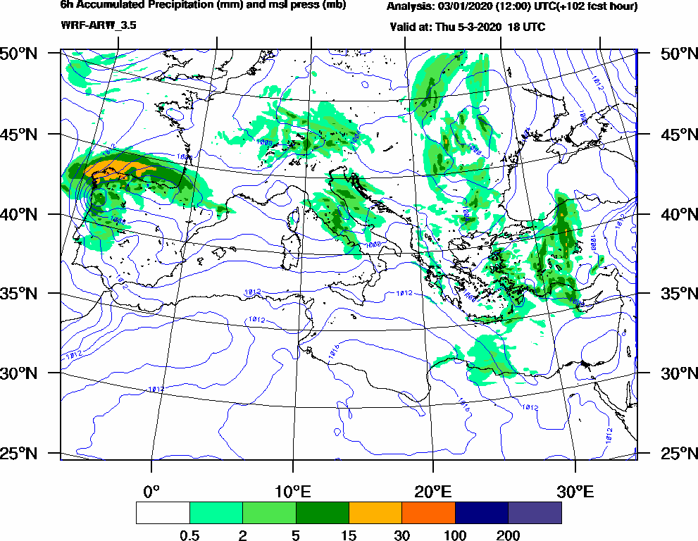 6h Accumulated Precipitation (mm) and msl press (mb) - 2020-03-05 12:00