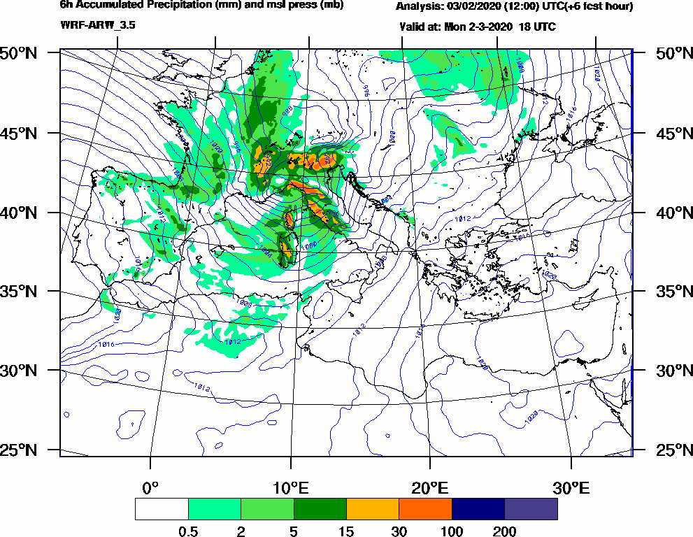 6h Accumulated Precipitation (mm) and msl press (mb) - 2020-03-02 12:00