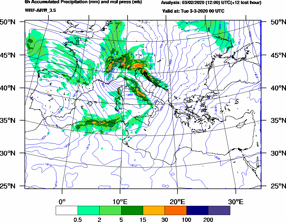 6h Accumulated Precipitation (mm) and msl press (mb) - 2020-03-02 18:00
