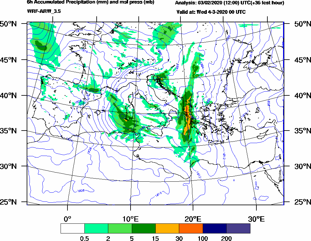 6h Accumulated Precipitation (mm) and msl press (mb) - 2020-03-03 18:00