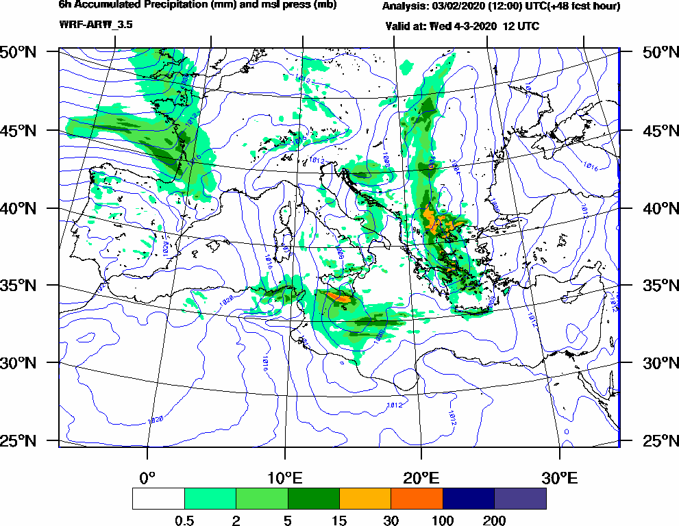 6h Accumulated Precipitation (mm) and msl press (mb) - 2020-03-04 06:00