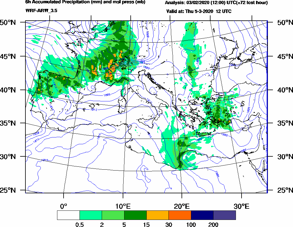6h Accumulated Precipitation (mm) and msl press (mb) - 2020-03-05 06:00
